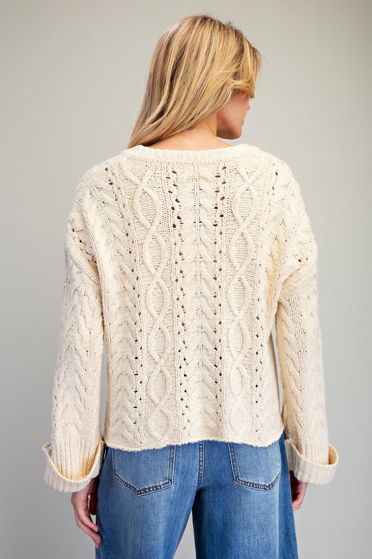 Oatmeal Cable Knit Henley Sweater - Vintage Vault Boutique
