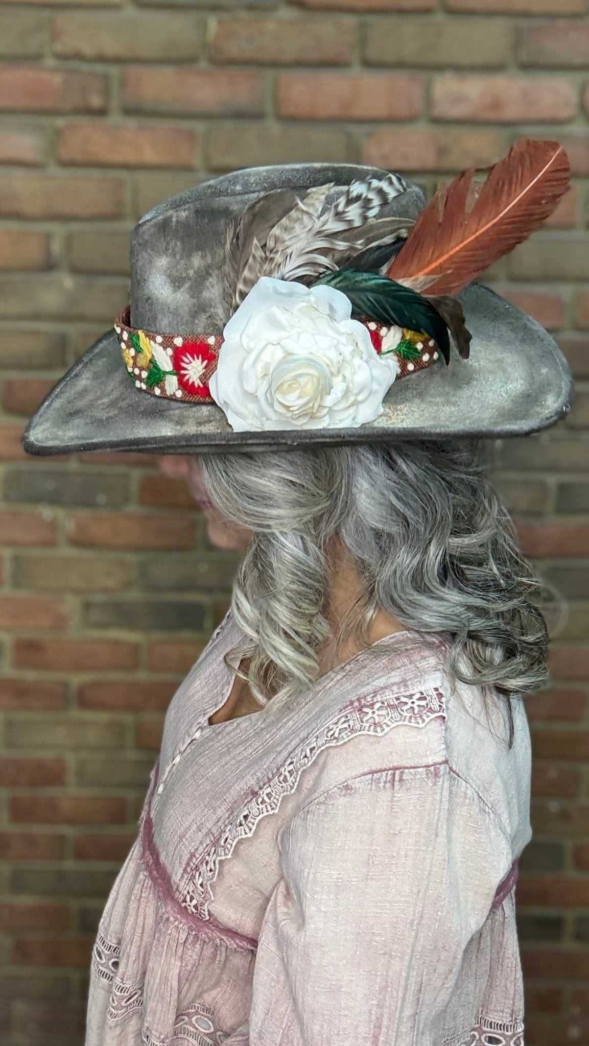 Gray Hat with Embroidery Band - A Rare Bird - Vintage Vault Boutique