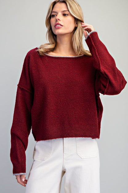 Wine Wide Neck Sweater - Vintage Vault Boutique