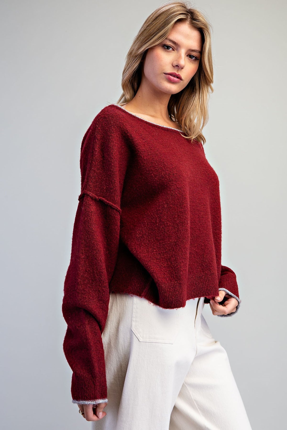 Wine Wide Neck Sweater - Vintage Vault Boutique