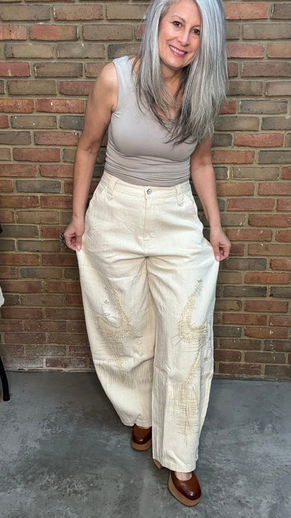 Natural Wide Fit Stitched Pants - Vintage Vault Boutique