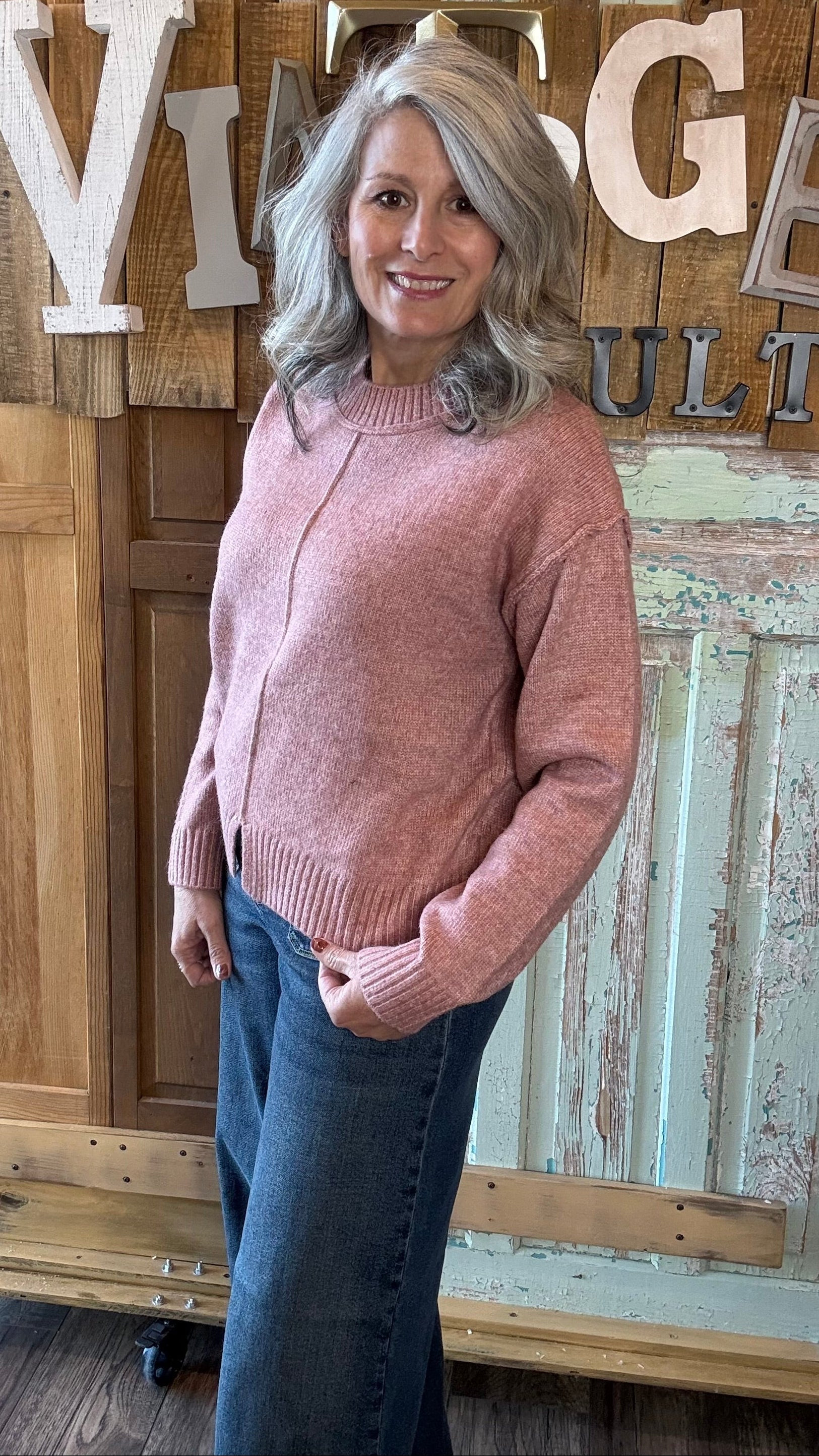 Front Bottom Slit Crew Neck Sweater