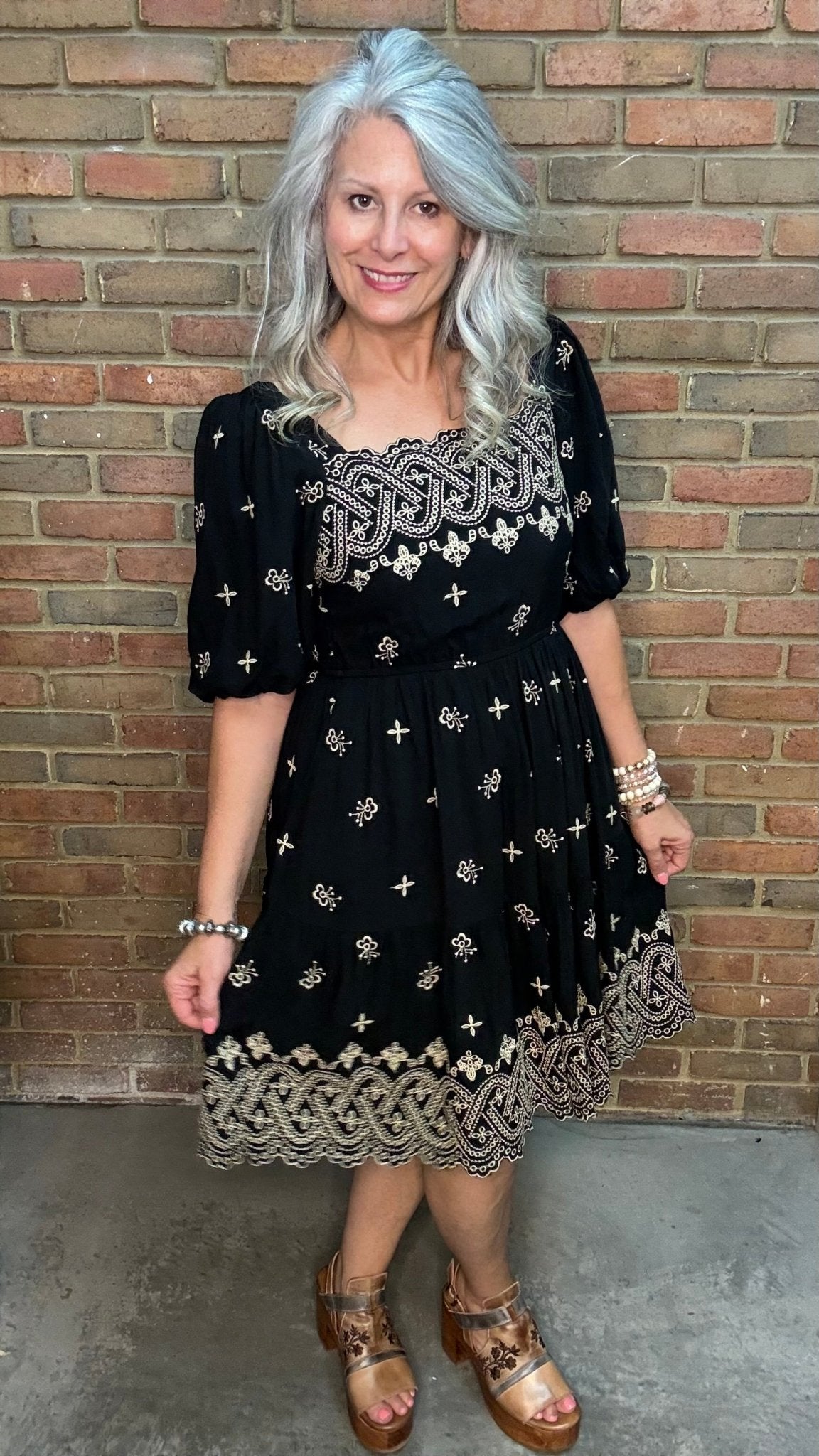 Bubble Sleeve Embroidered Dress - Vintage Vault Boutique