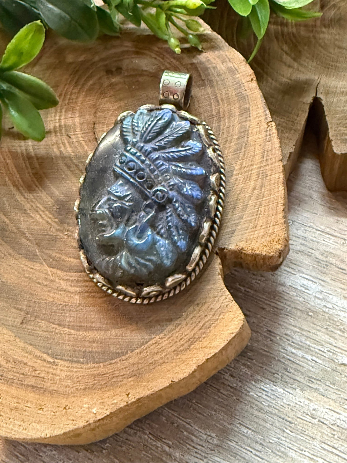 American Indian Carved Labradorite Tibetan Pendant - Vintage Vault Boutique