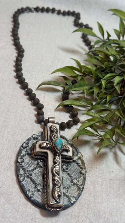 Ornate Cross on Embossed Metal Necklace - Vintage Vault Boutique