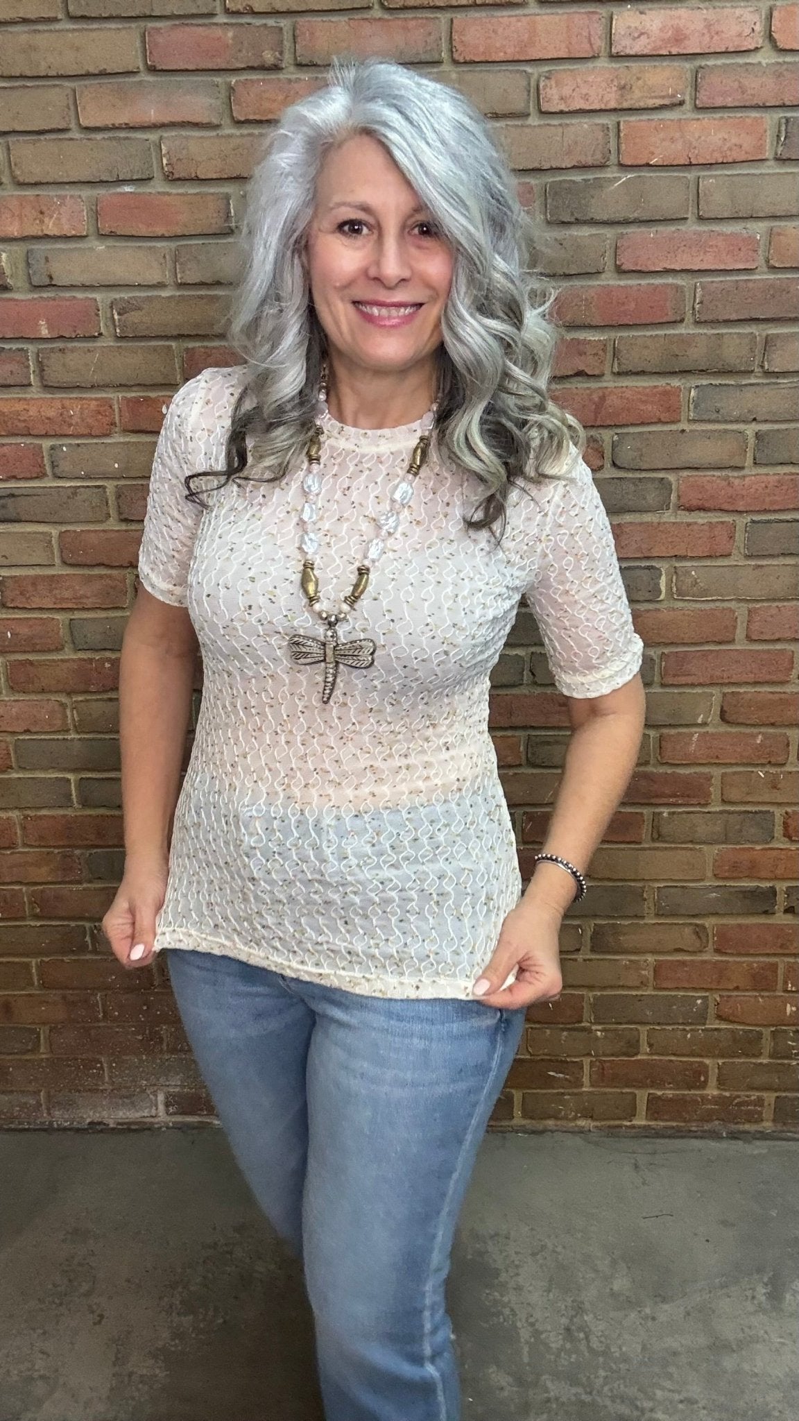 Ivory Floral Mesh Top - Vintage Vault Boutique