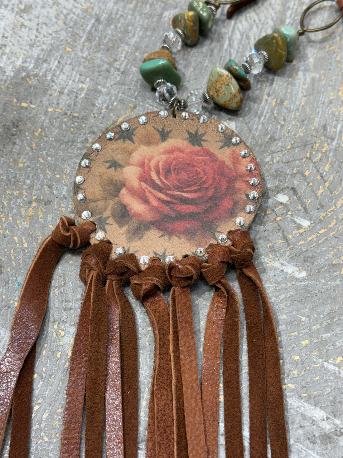 Painted Rose on Leather Necklace