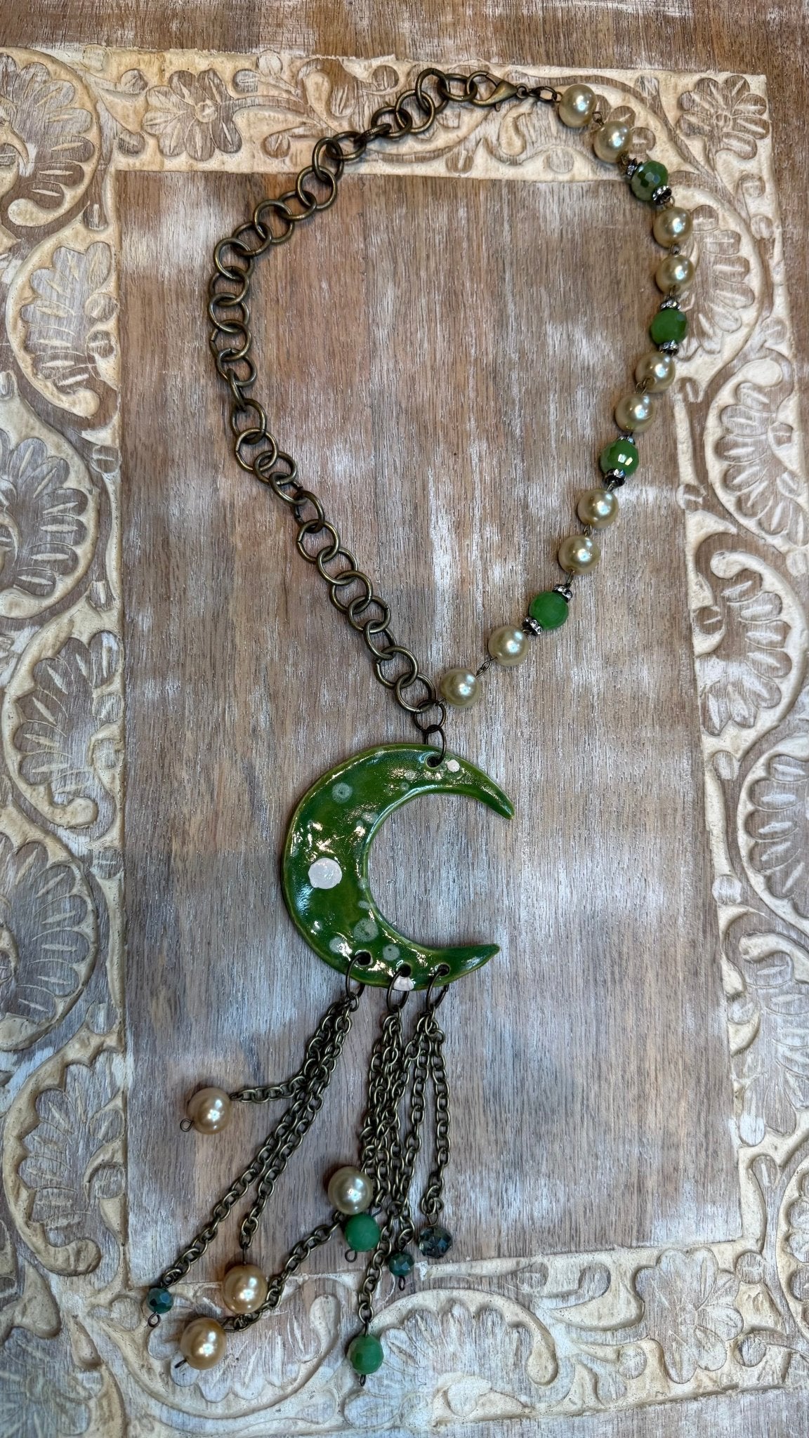 Green Ceramic Moon Necklace - Vintage Vault Boutique