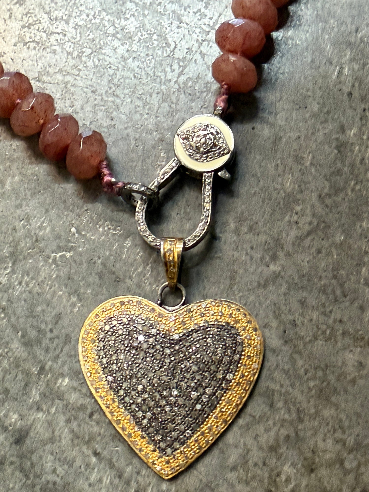 Diamond Heart on Eye Diamond Chain Holder and Pink Quartz Beaded Necklace