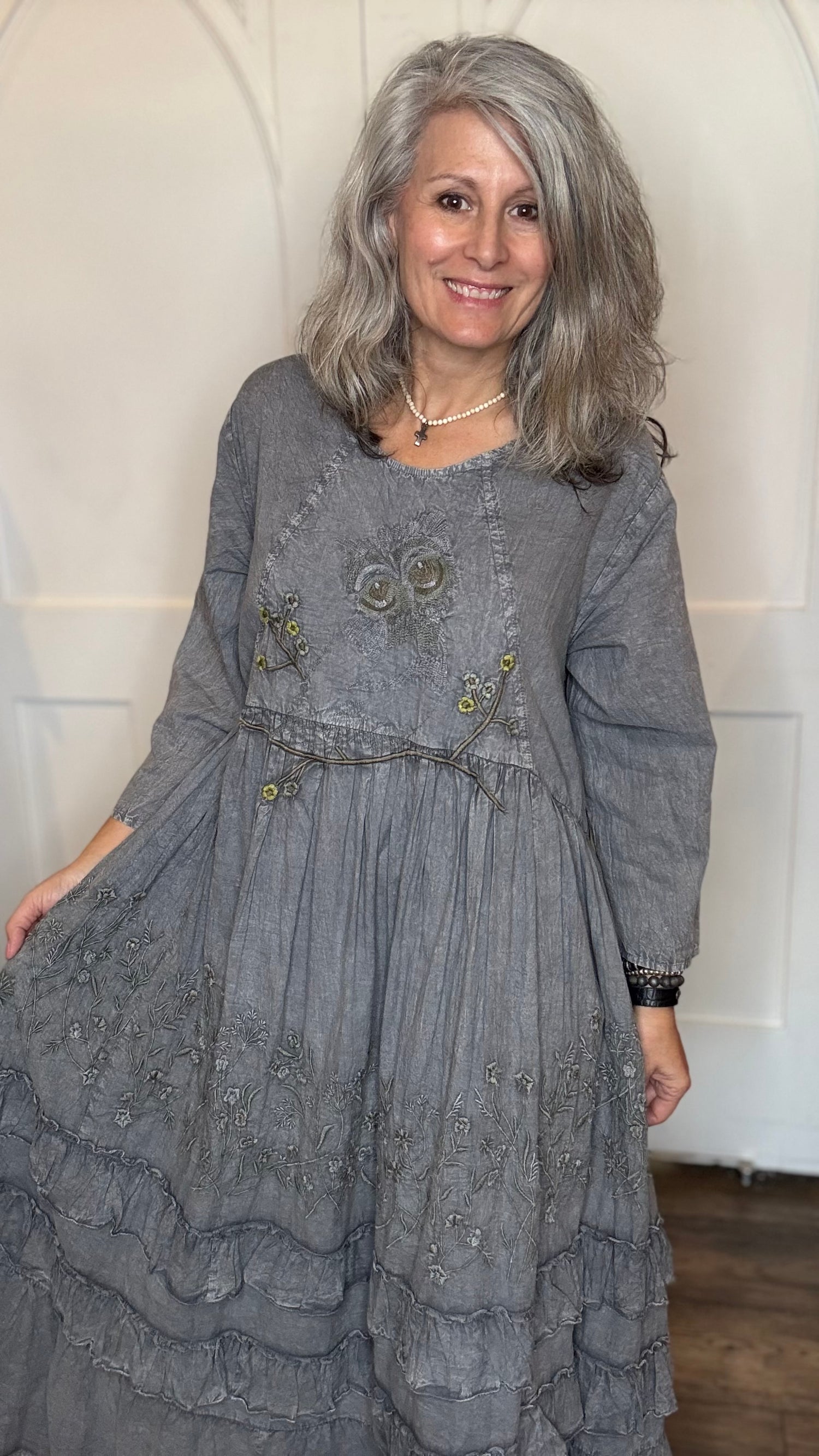 Gray Long Flare Dress with Ruffles