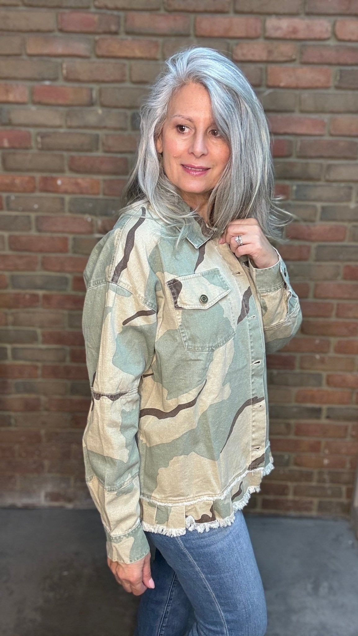 Camo Ruffle Hem Peace Jacket - Vintage Vault Boutique