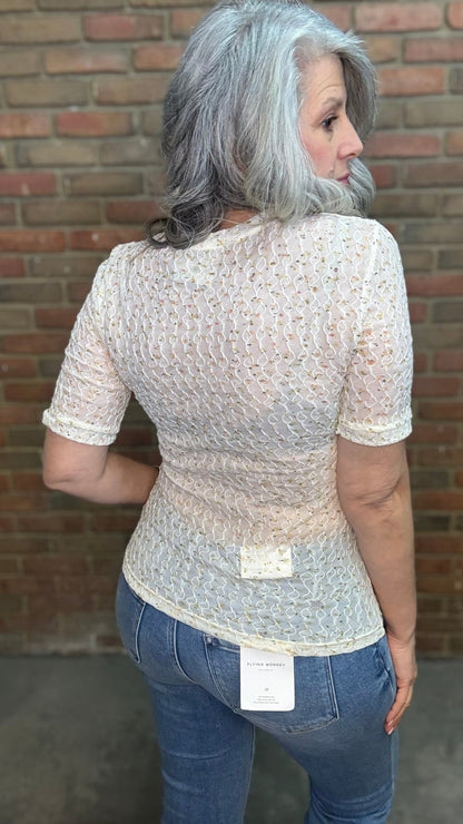 Ivory Floral Mesh Top - Vintage Vault Boutique