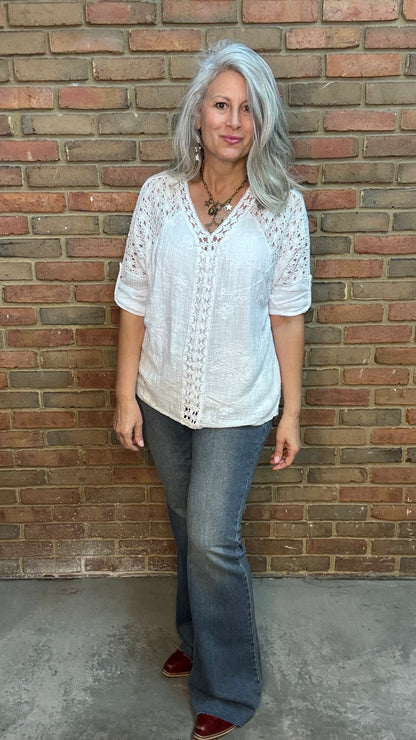 White V-Neck Embroidery Top