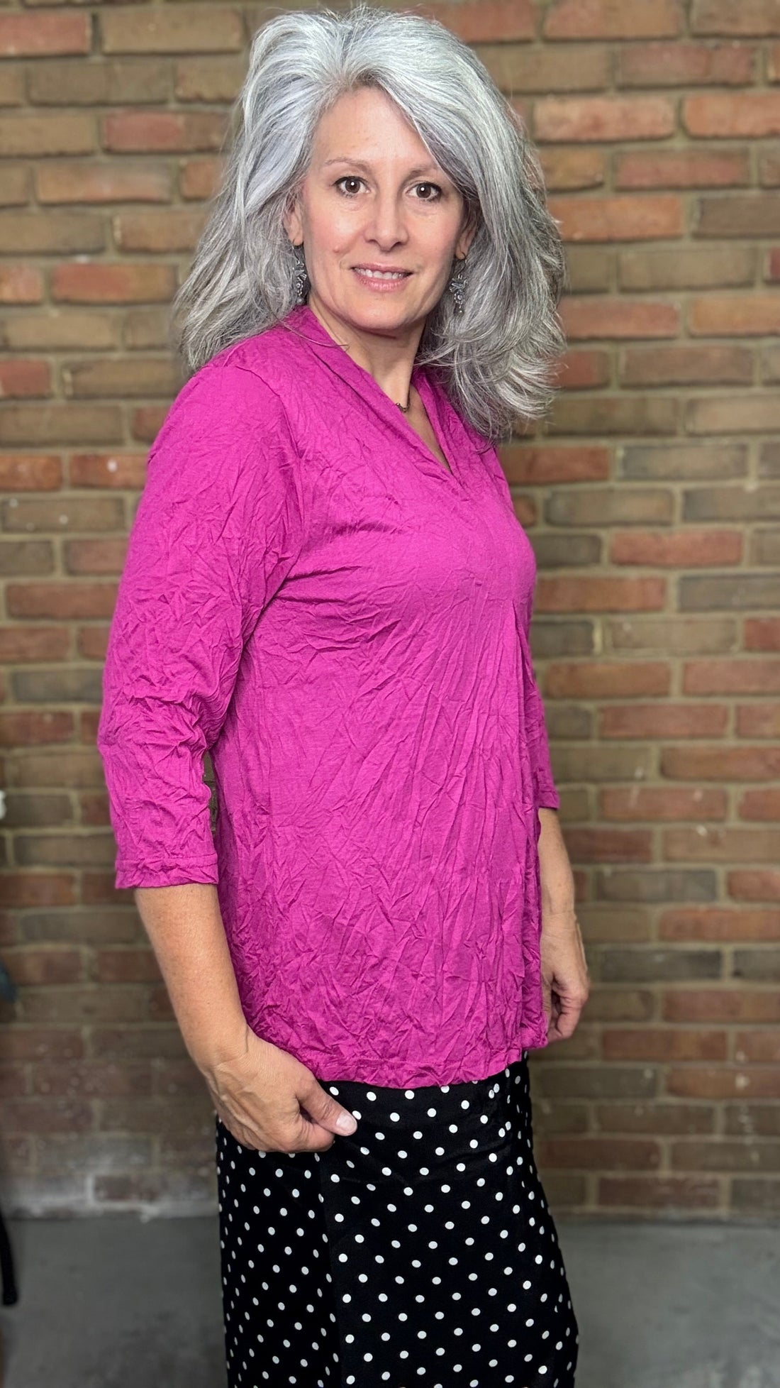 Crinkle V-Neck Top Magenta
