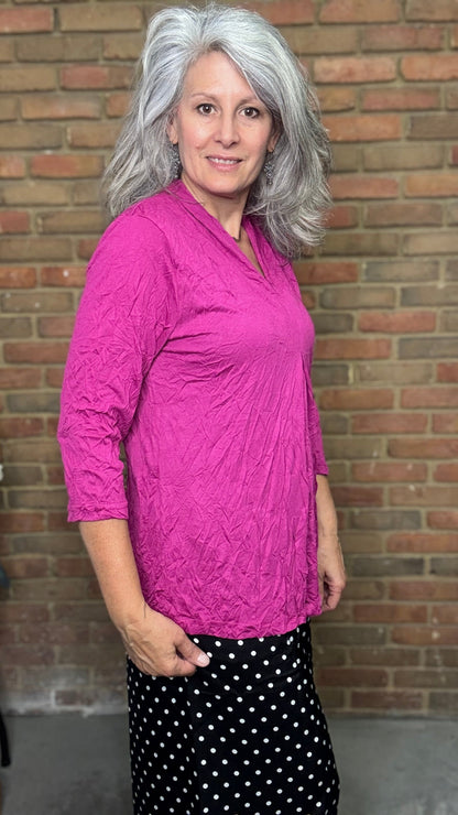 Crinkle V-Neck Top Magenta