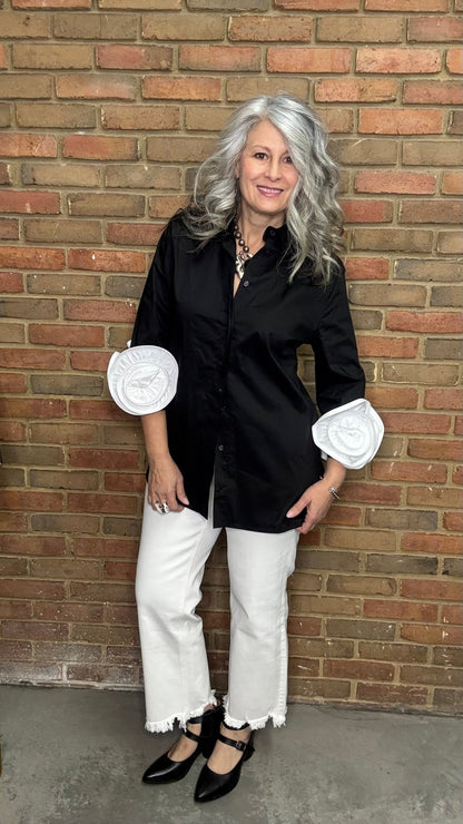 Black Shirt with White Rose Cuff - Vintage Vault Boutique