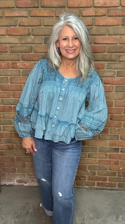Denim Lace Button Up Top