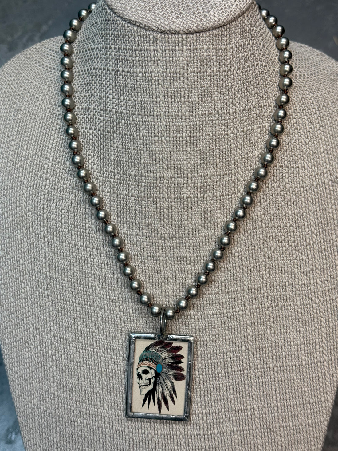 Skull in Headdress on Desert Pearl Neckace