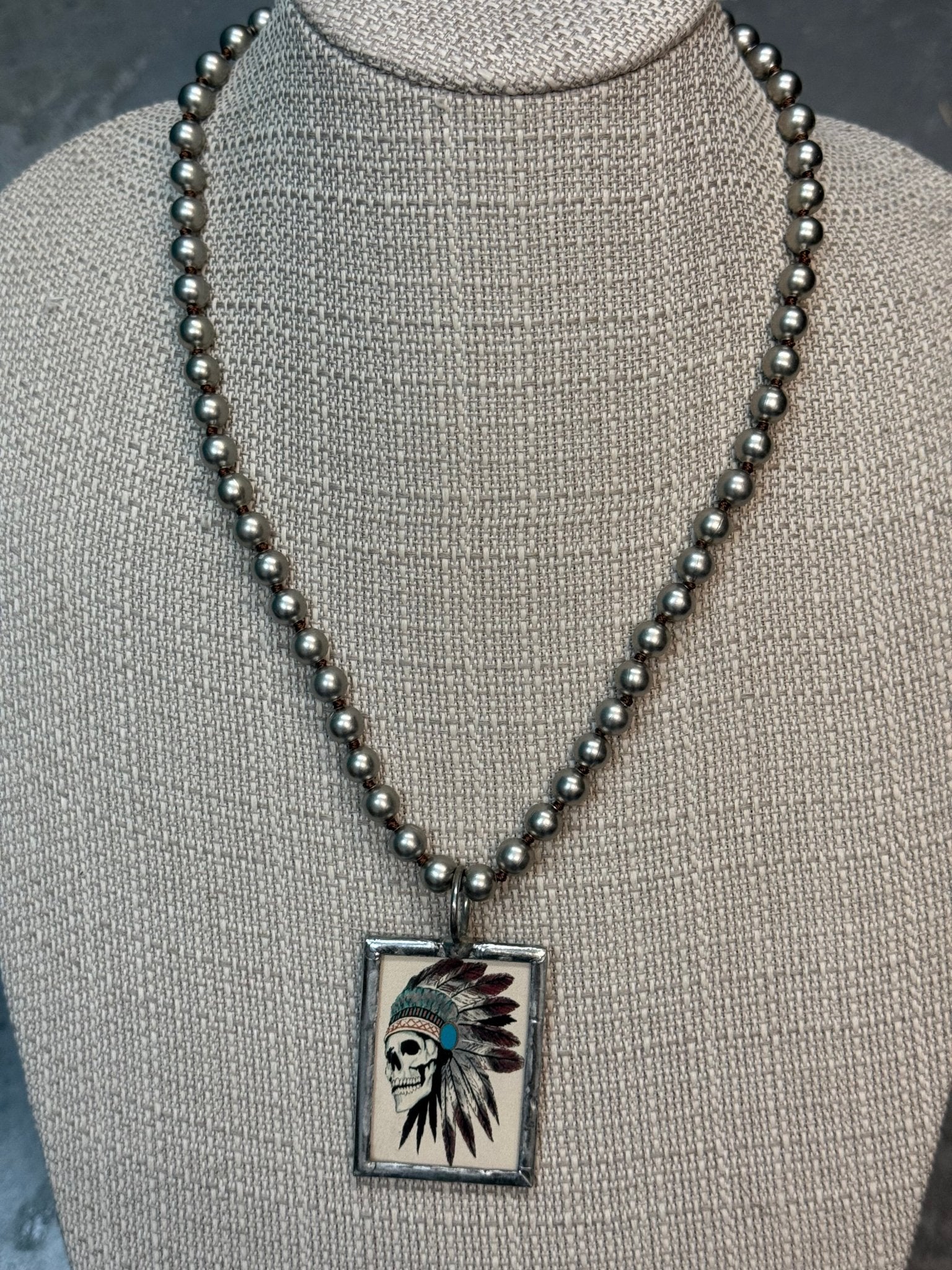 Skull in Headdress on Desert Pearl Neckace - Vintage Vault Boutique