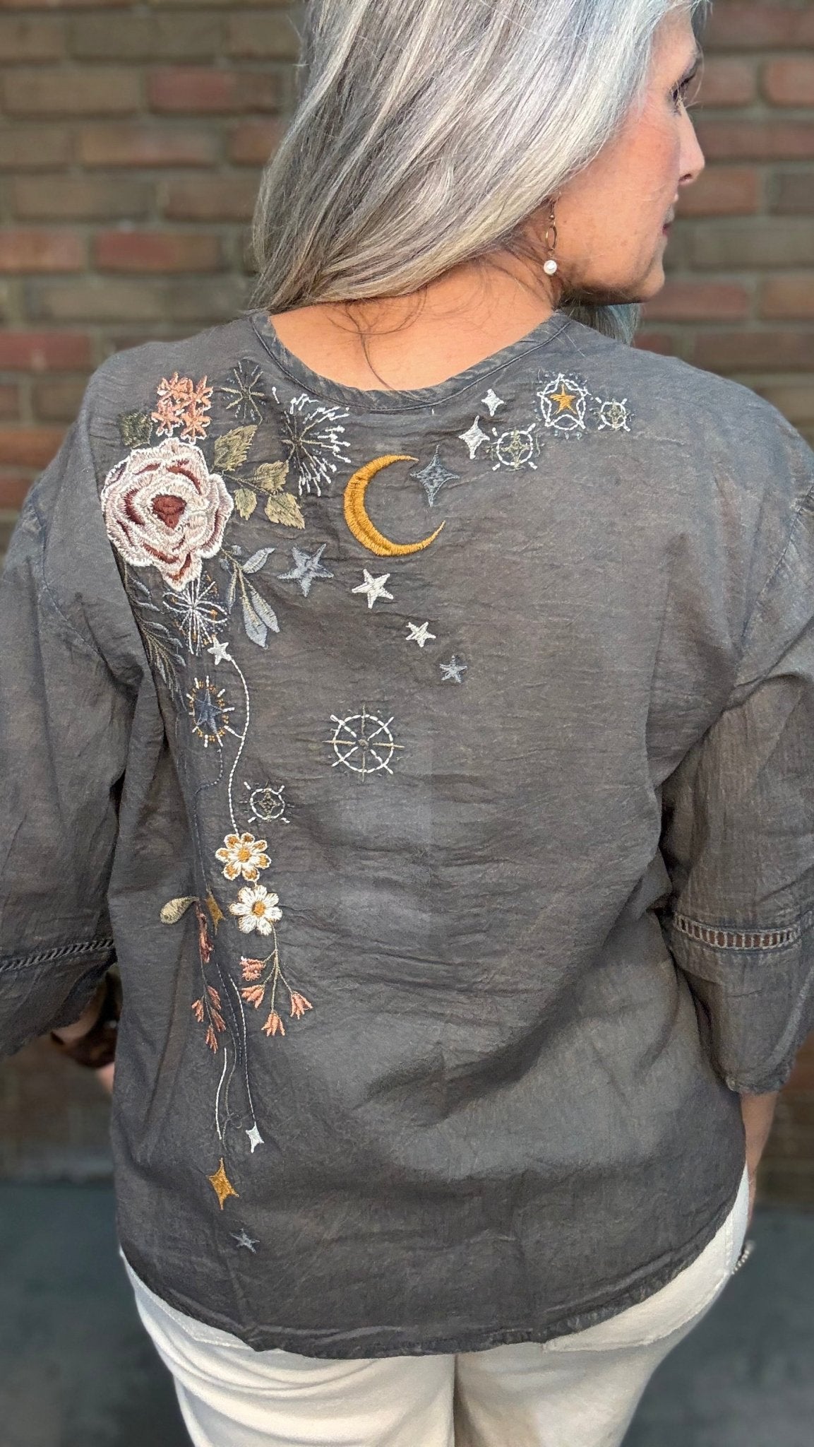 Jovanna - Dark Grey Embroidery Shirt - Vintage Vault Boutique