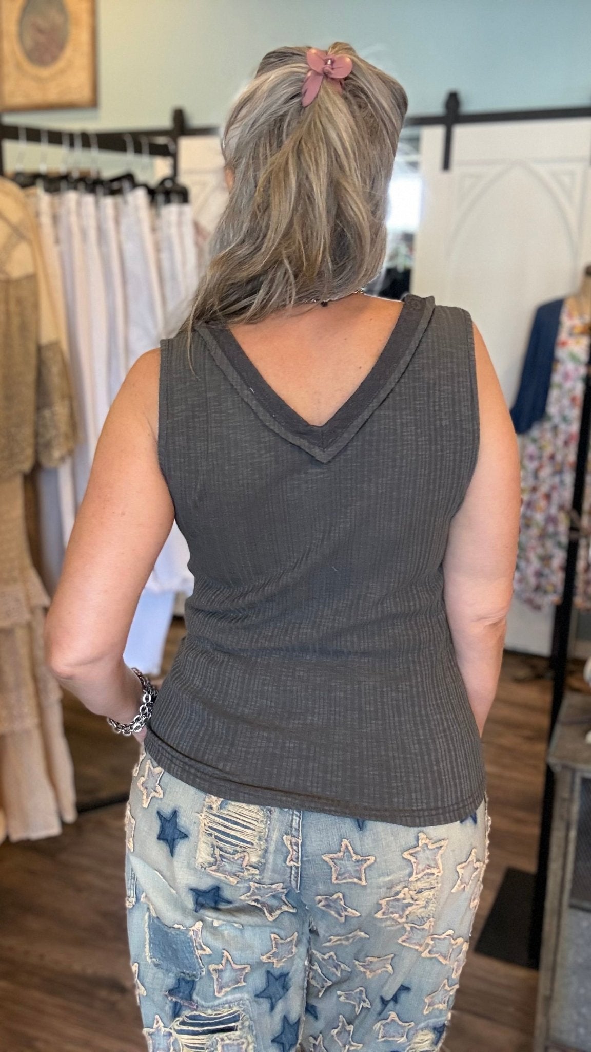 Charcoal Ribbed Sleeveless Top - Vintage Vault Boutique