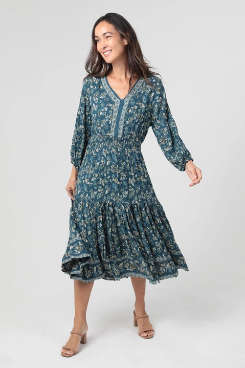 Teal Smocked Waist Midi Dress