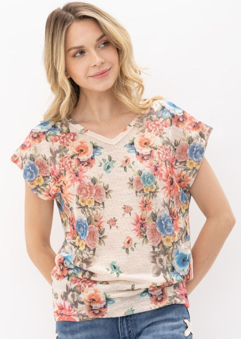 Sublimation Print V-Neck Short Dolman Sleeve Top 