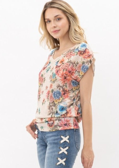 Sublimation Print V-Neck Short Dolman Sleeve Top 