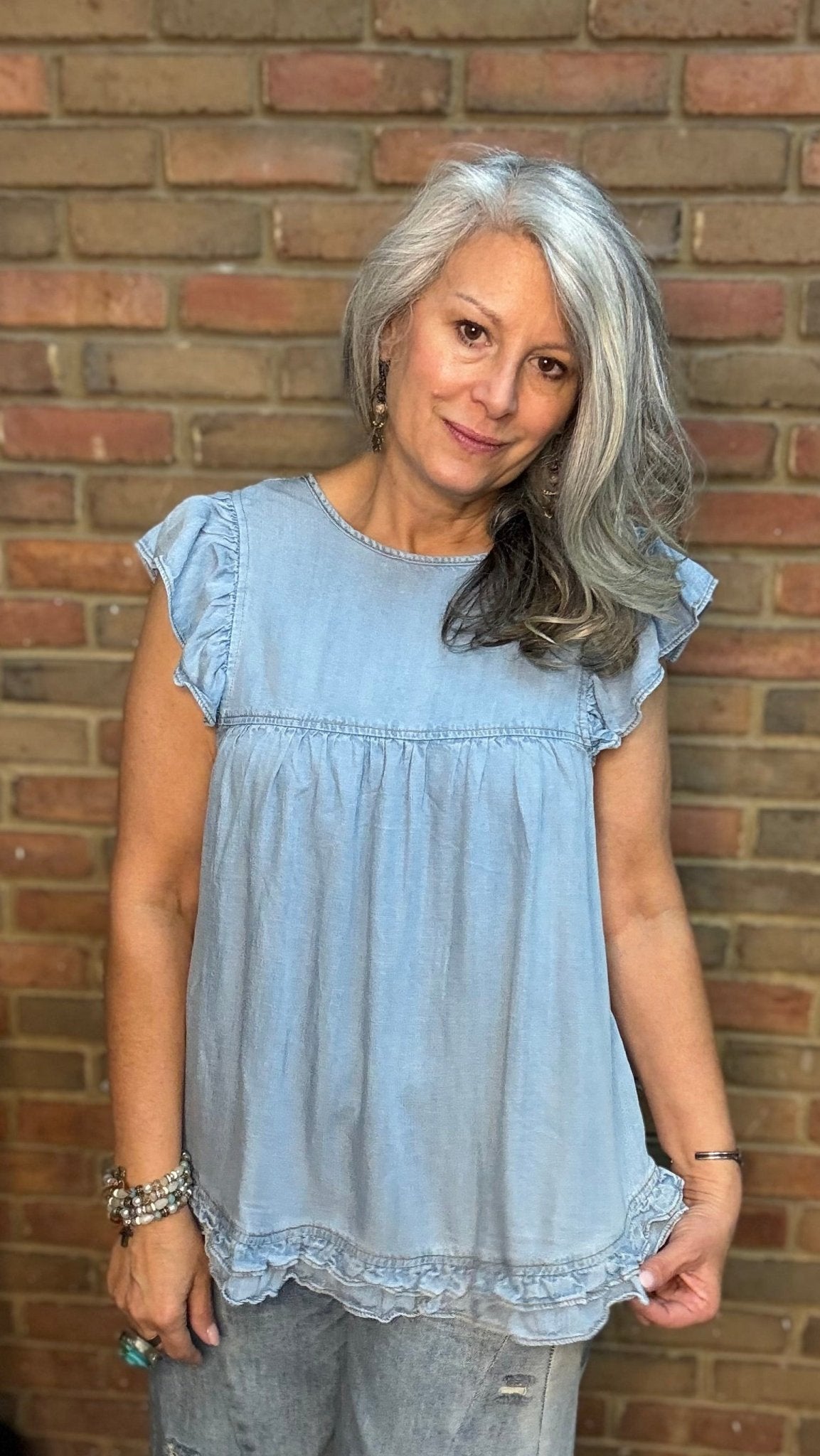 Ruffle Accent Chambray Top - Vintage Vault Boutique