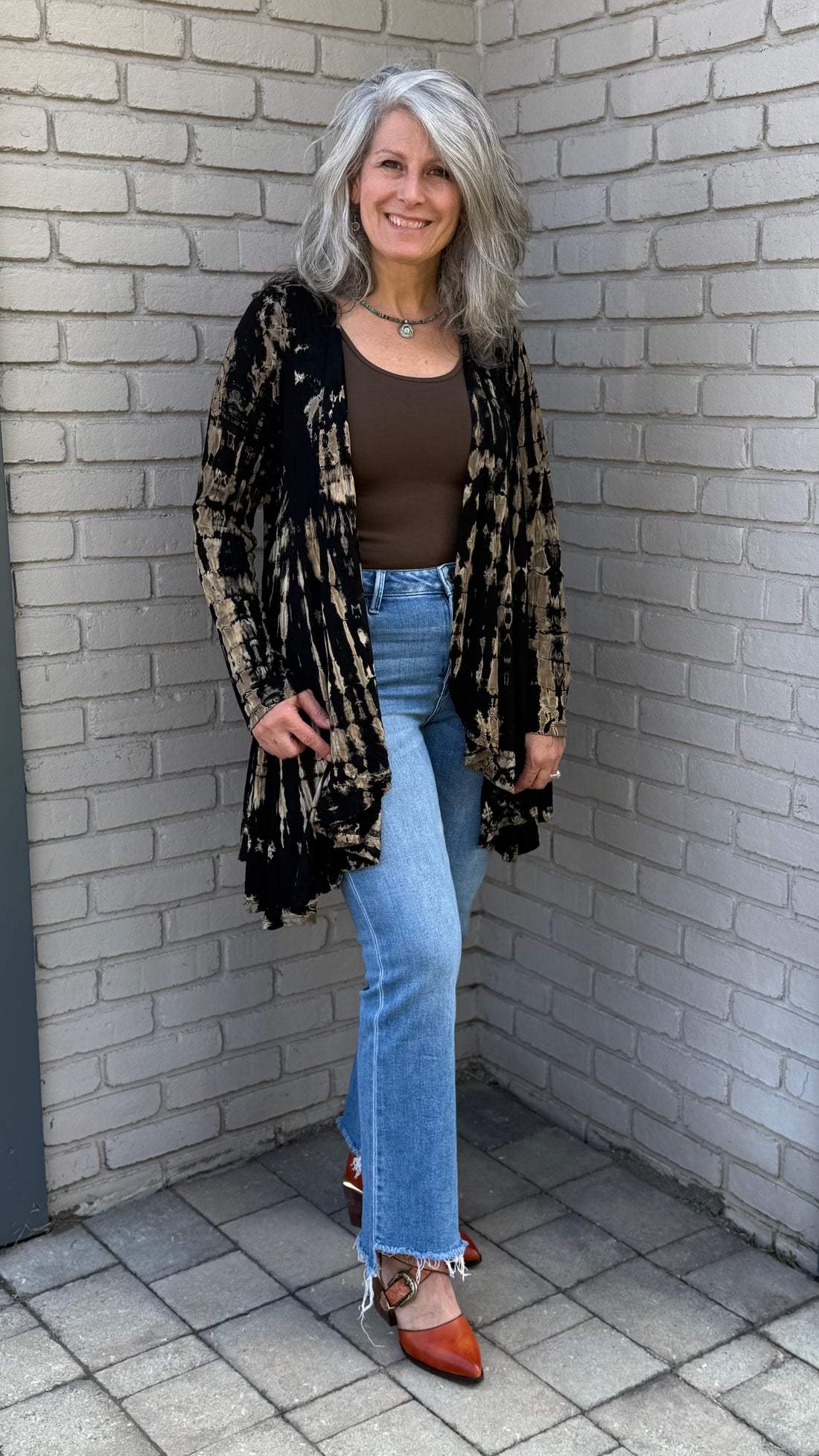 Black and Beige Tie-Dye Knit Cardigan