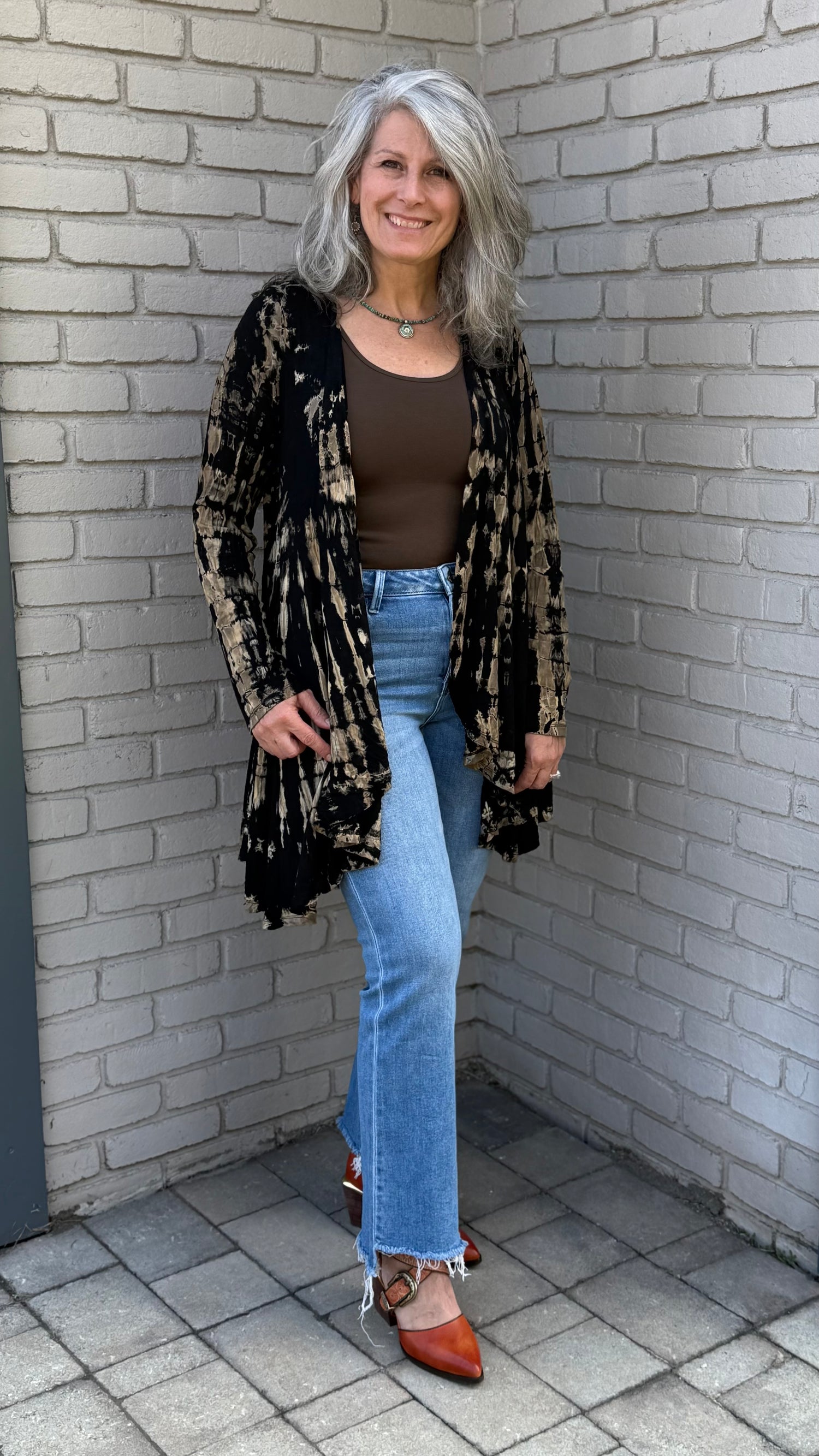 Black and Beige Tie-Dye Knit Cardigan