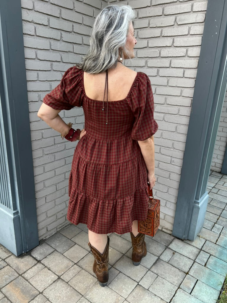 Half Sleeve Plaid Tiered Dress 