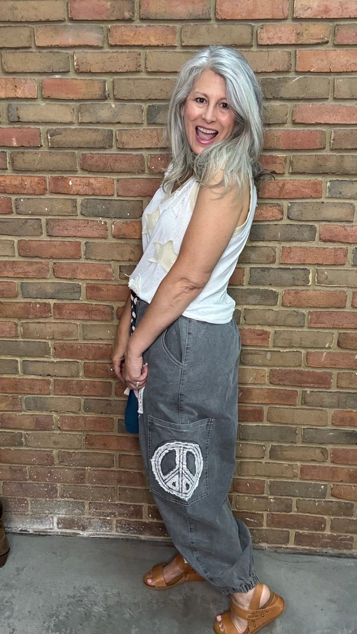 Charcoal Peace Applique Pant - Vintage Vault Boutique