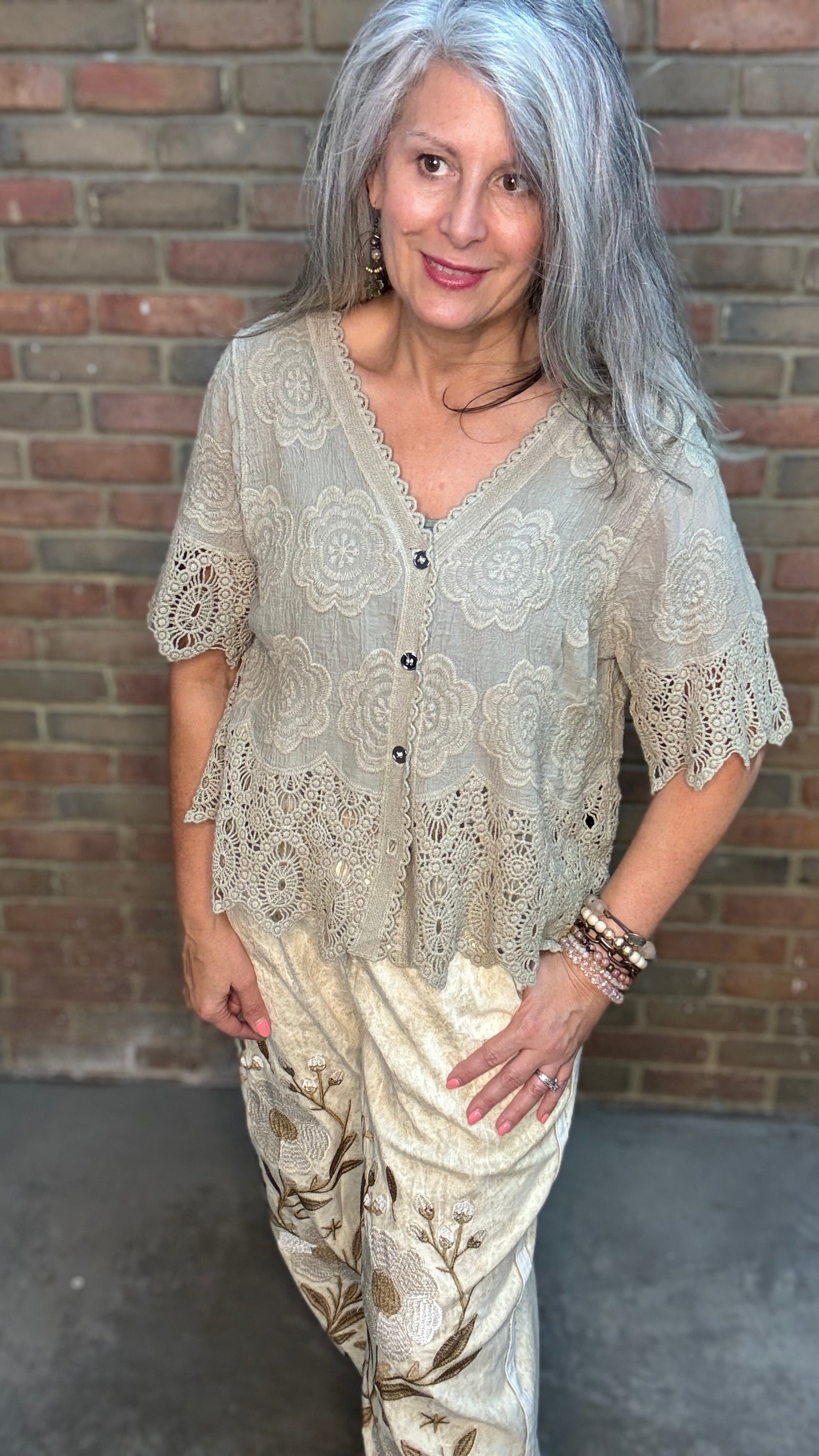 Taupe Crochet Accent Button Up