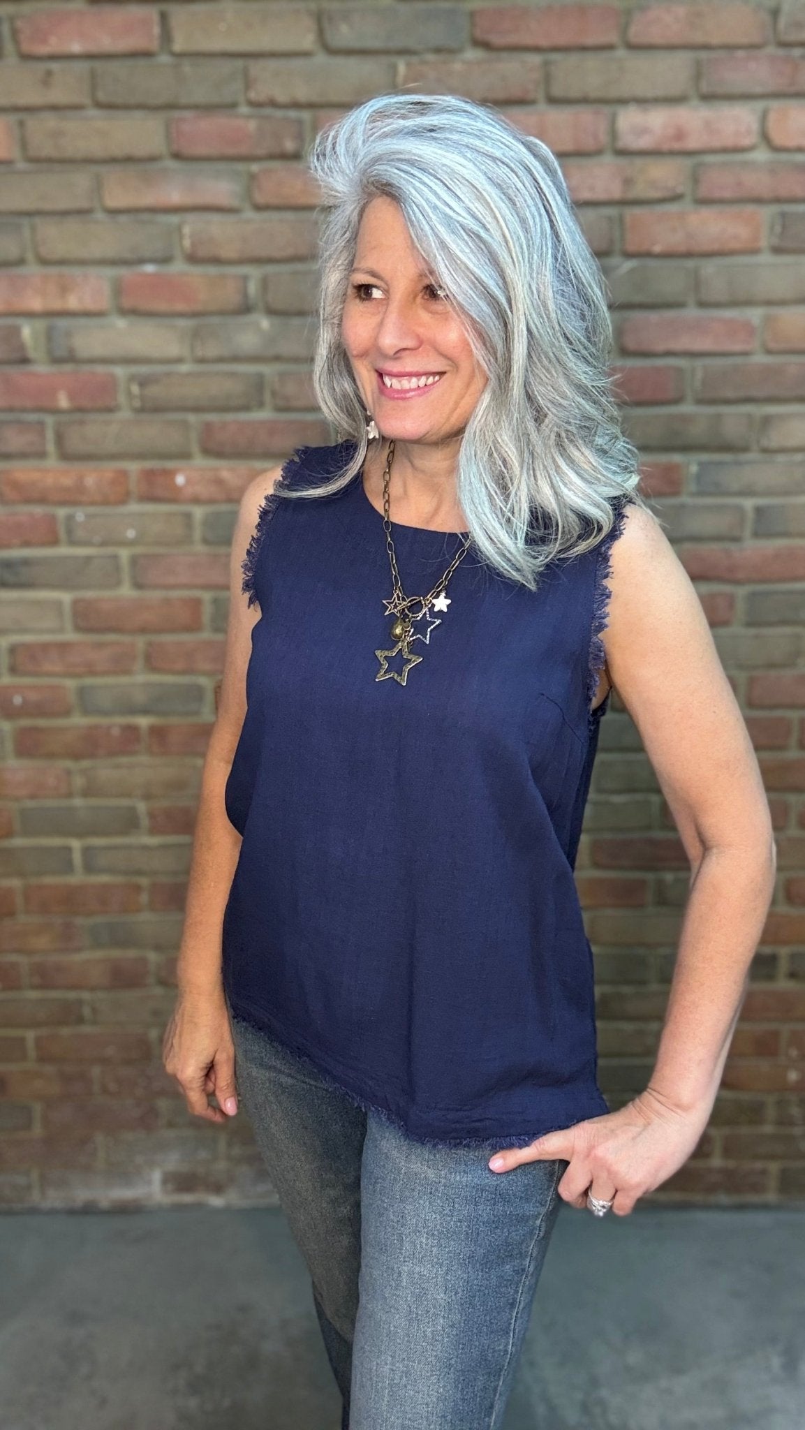 Navy Raw Edge Tank Top - Vintage Vault Boutique