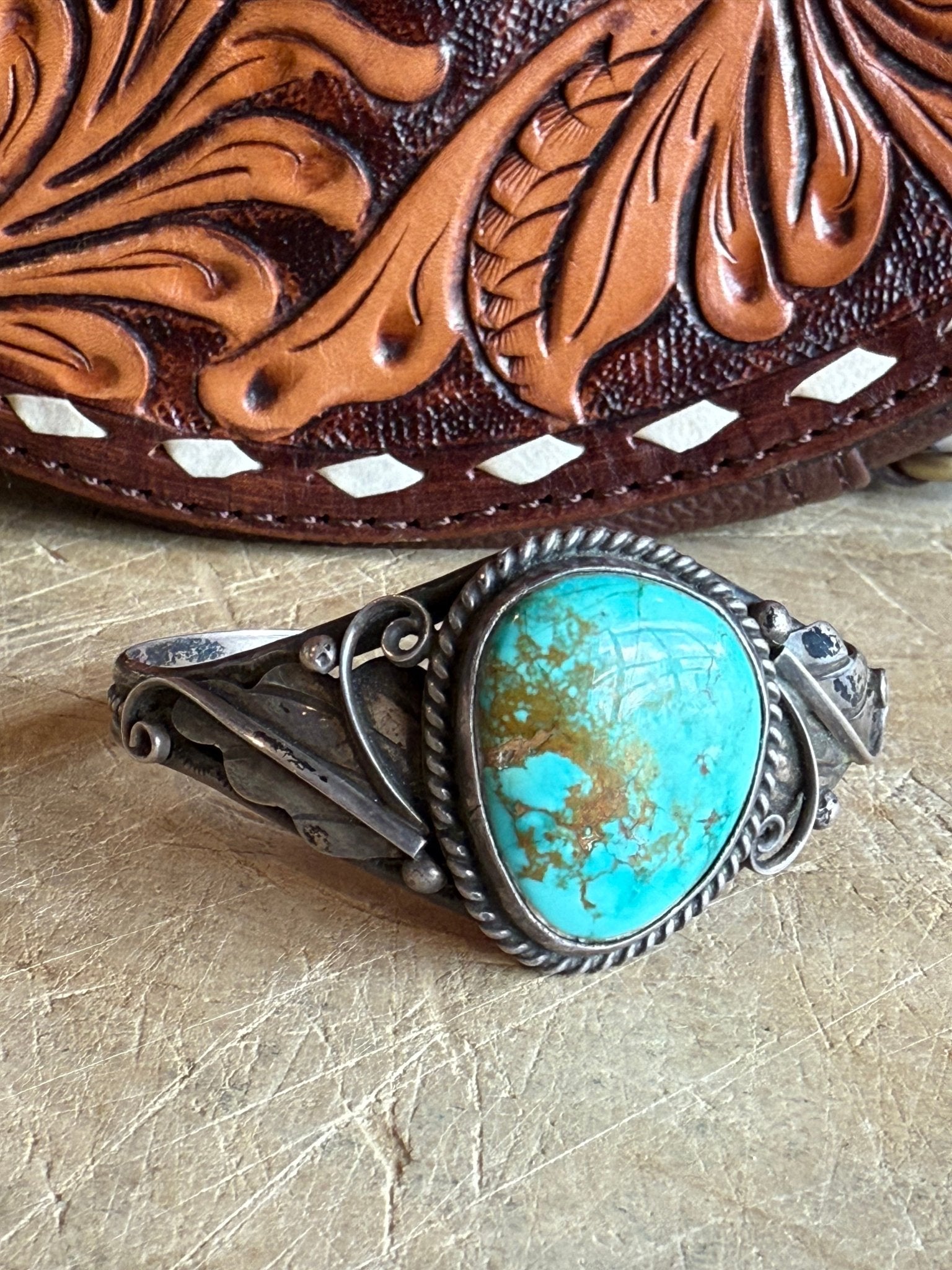 Turquoise Floral Silver Cuff - Vintage Vault Boutique