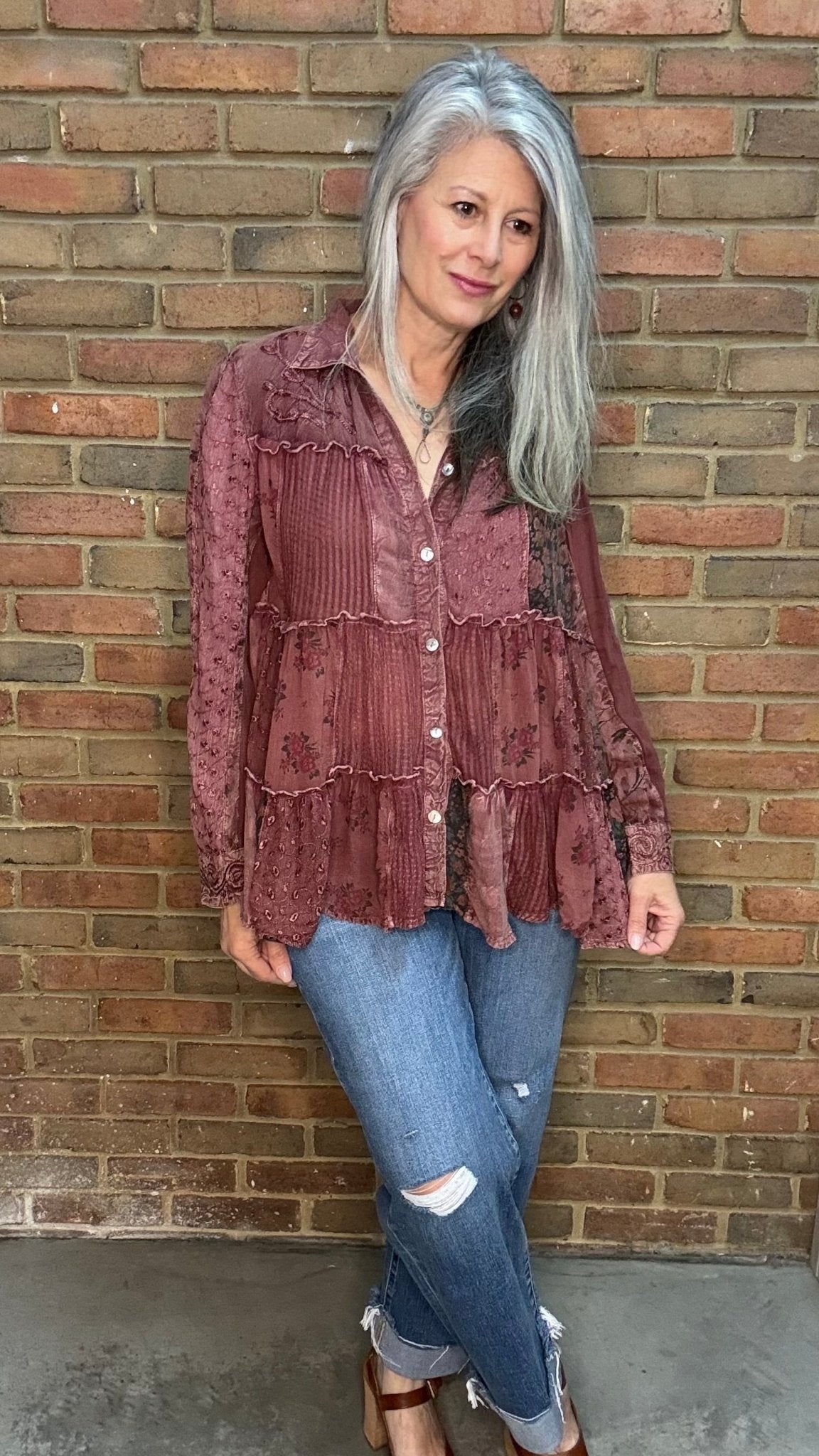 Garnet Tiered Patchwork Shirt - Vintage Vault Boutique