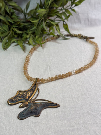 Butterfly on Stone Beaded Necklace - Vintage Vault Boutique