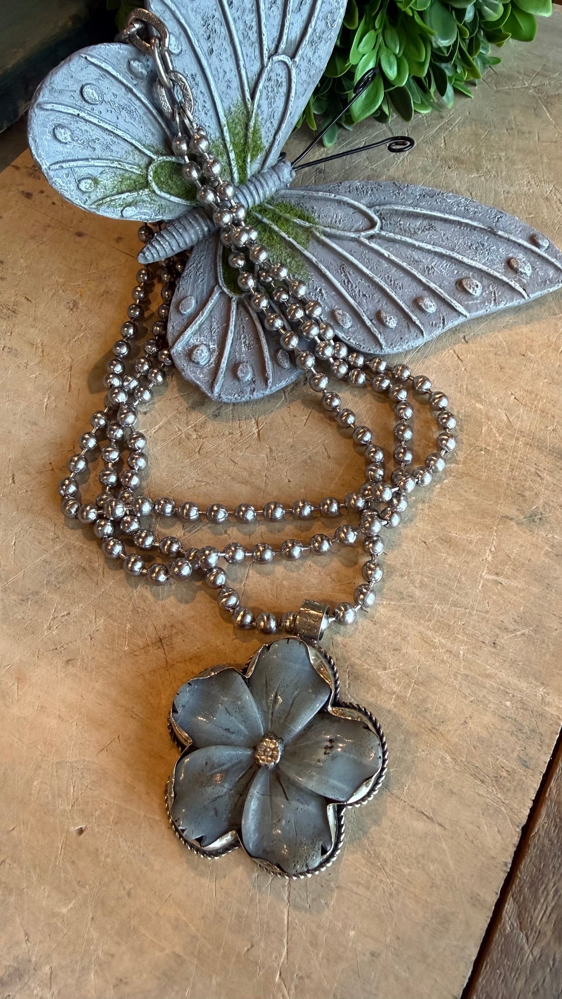 Amazonite Flower on Triple Strand Sterling Silver Ball Chain Necklace