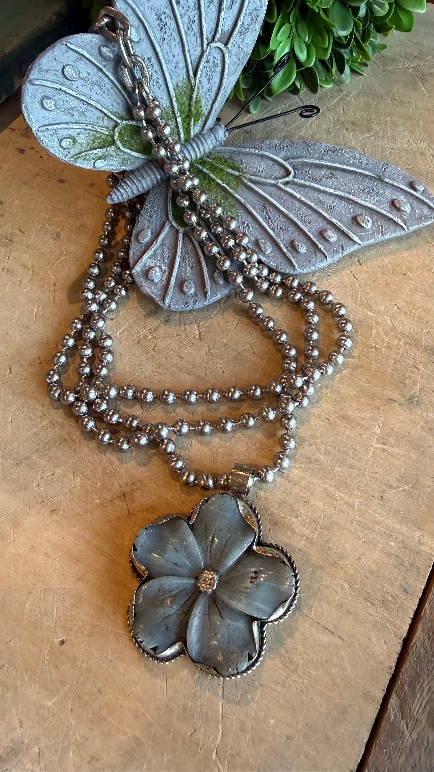Amazonite Flower on Triple Strand Sterling Silver Ball Chain Necklace