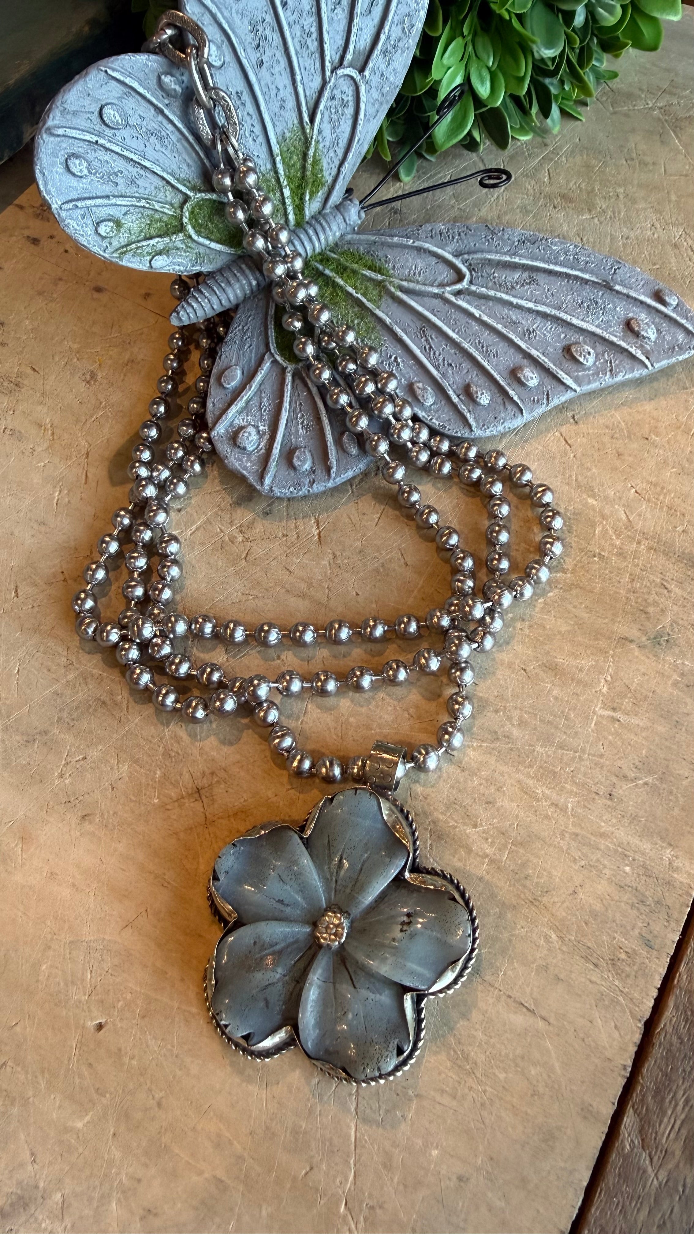 Amazonite Flower on Triple Strand Sterling Silver Ball Chain Necklace