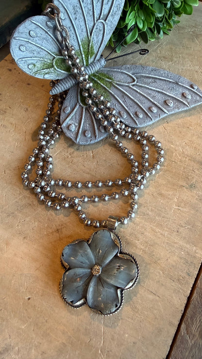 Amazonite Flower on Triple Strand Sterling Silver Ball Chain Necklace