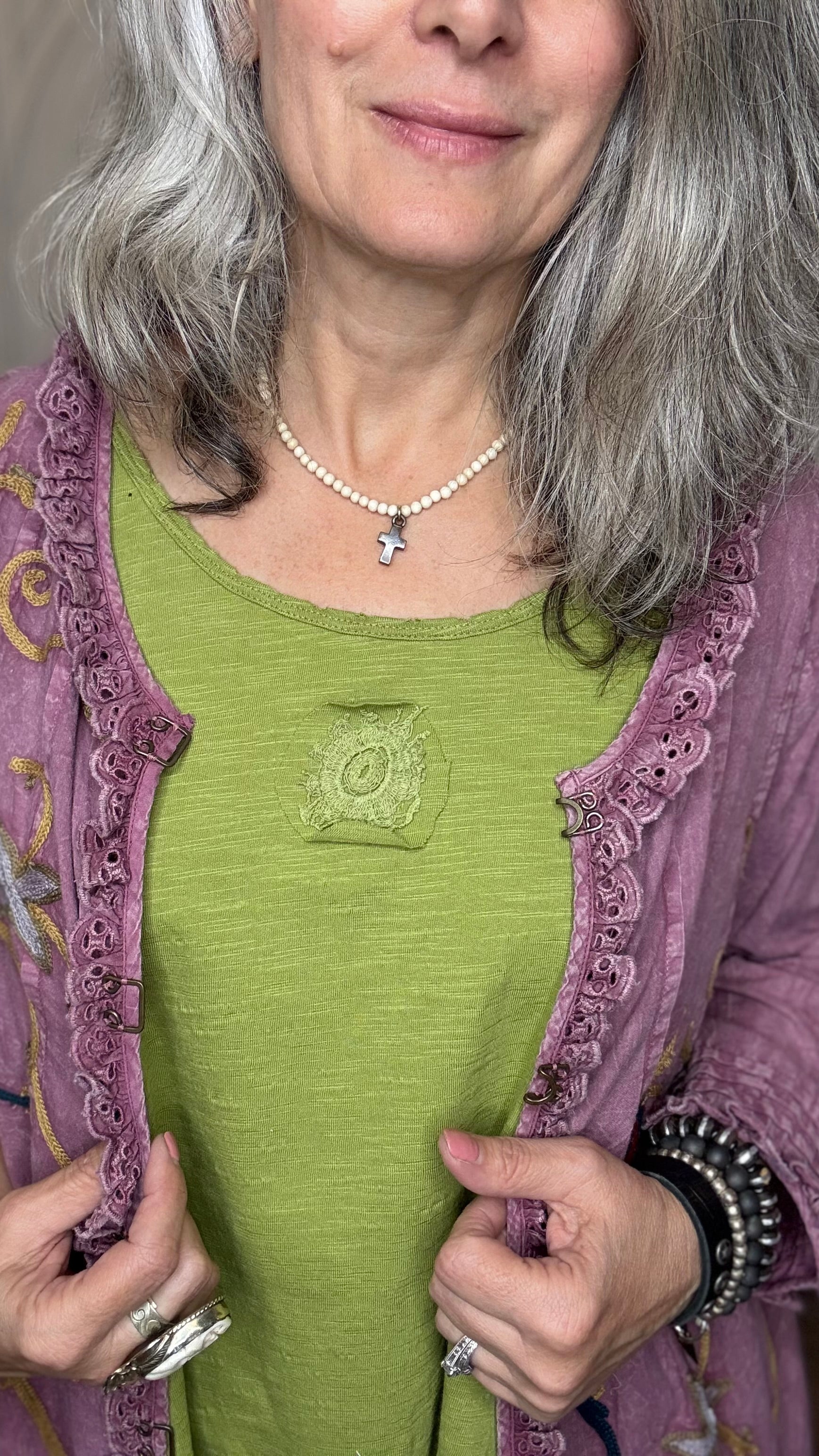 Apple Green Cami with Lace Inset and Raw Edges
