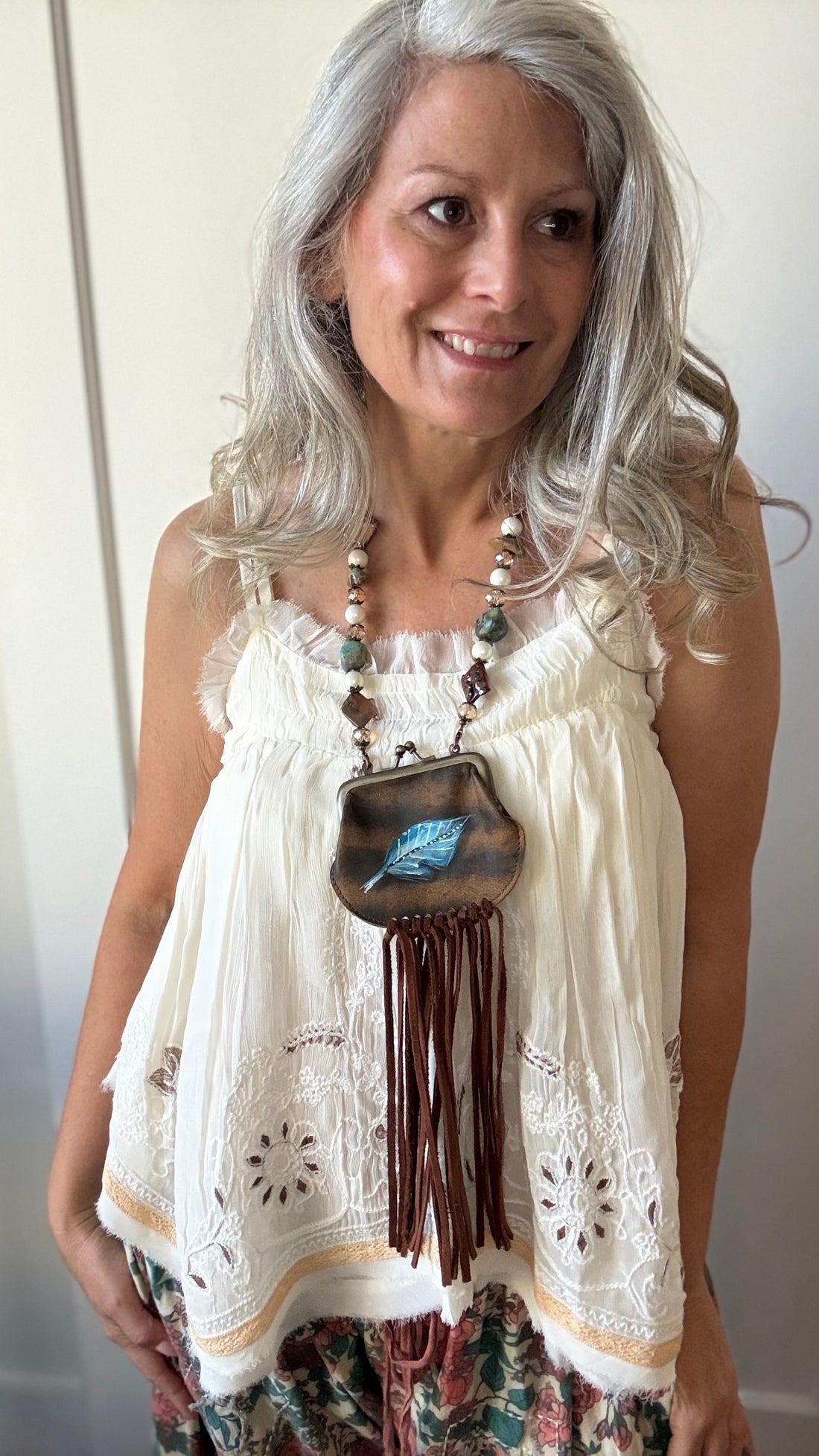 Feather Painted Coin Purse Necklace