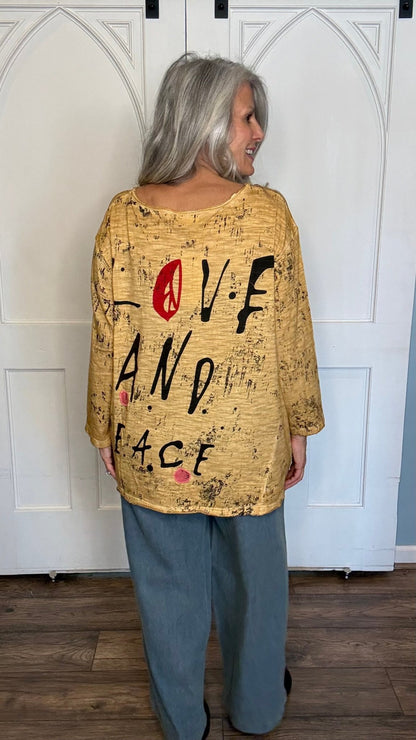 Mustard Love and Peace T-Shirt - Vintage Vault Boutique