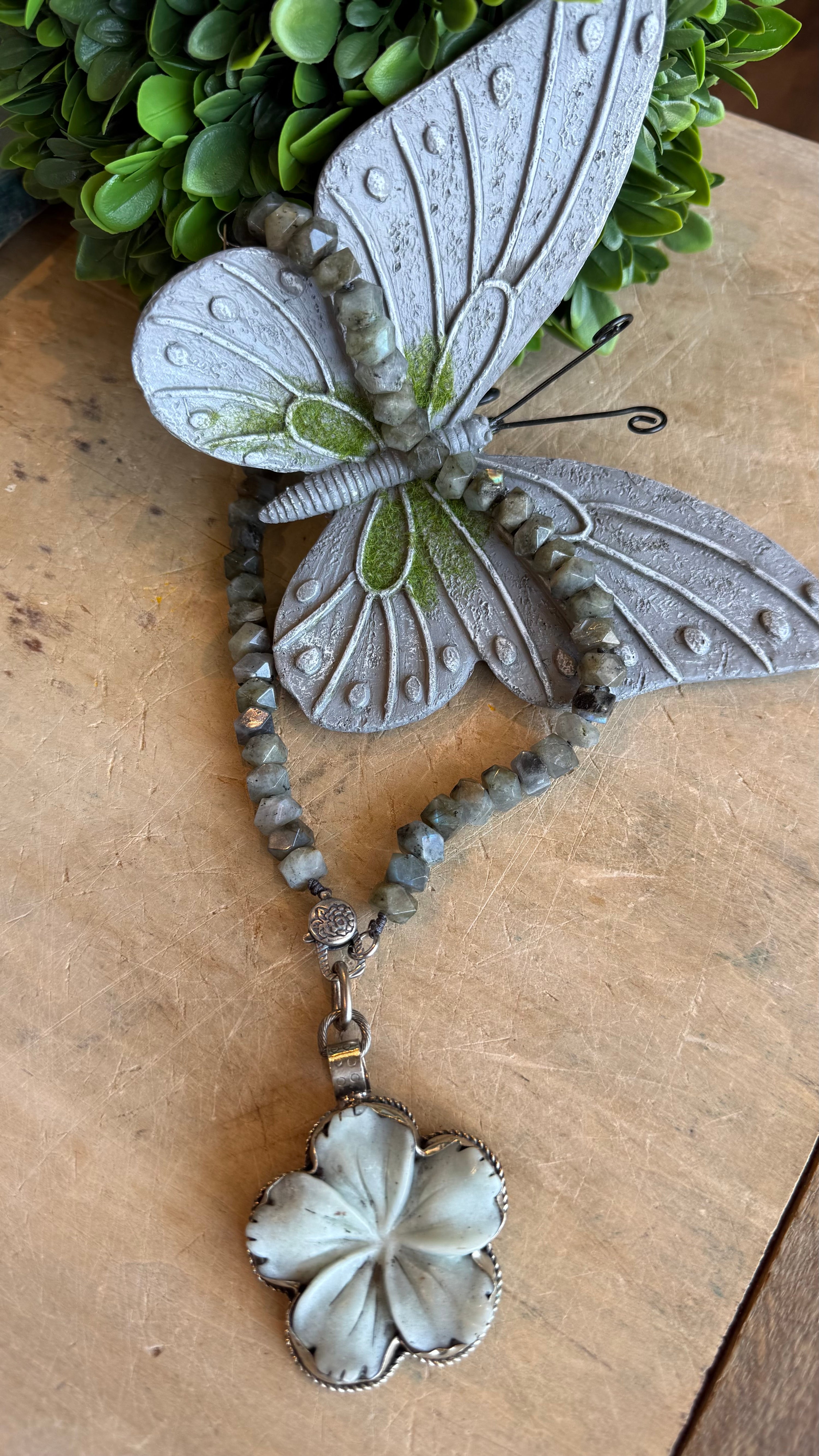 Amazonite Flower on Labradorite Beaded Charm Holder Necklace