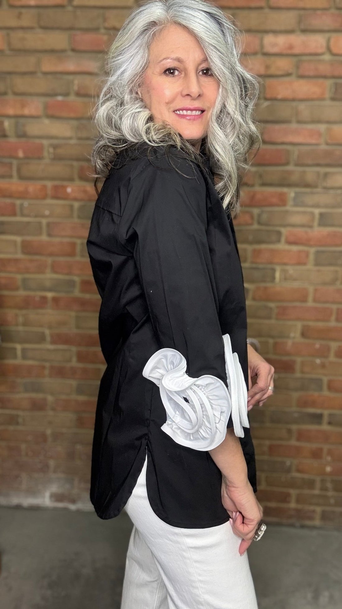 Black Shirt with White Rose Cuff - Vintage Vault Boutique