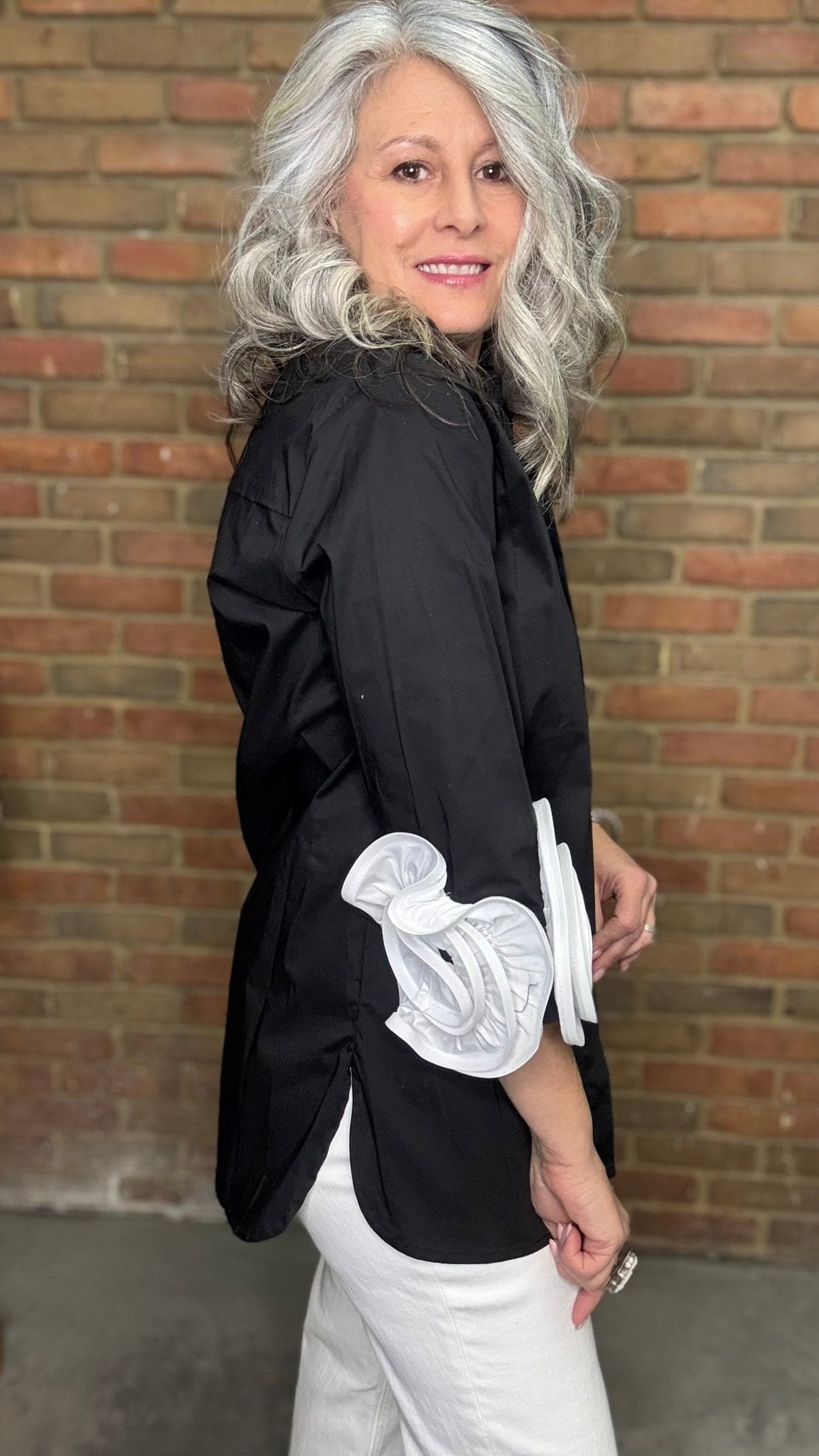 Black Shirt with White Rose Cuff - Vintage Vault Boutique