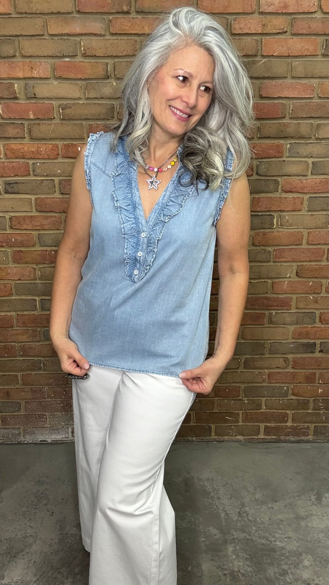 Ruffle Sleeveless V - Neck Top - Vintage Vault Boutique