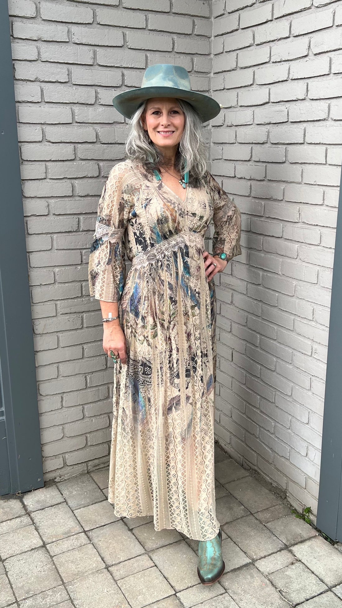 All Lace Dress with Feather Print